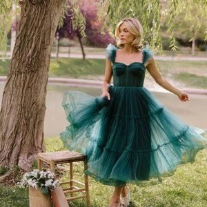 Tea Length Tulle Dress - Forest Green